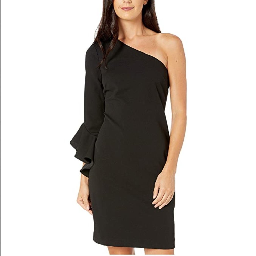 Trina Turk Kadinsky One Shoulder Dress Black Assymetrical Size 8